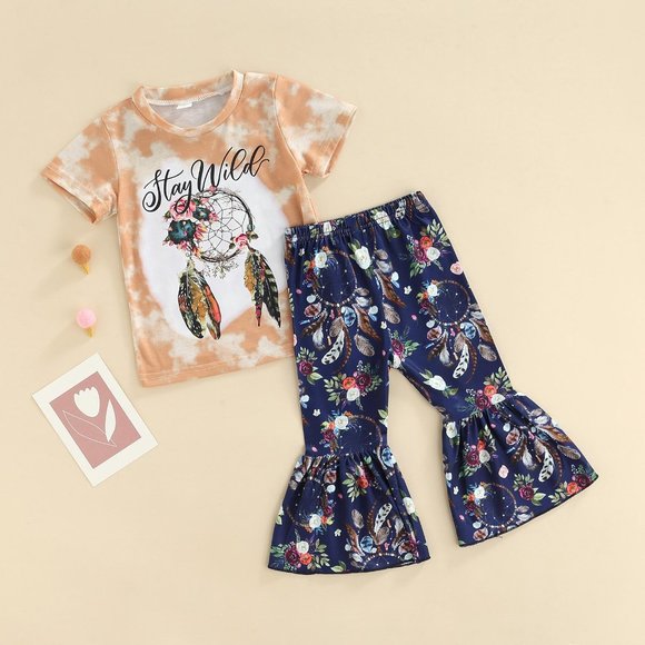 Stay Wild Tie-Dye Tee & Floral Flare Pants Dream Catcher 2pcs Little Girl - Picture 3 of 5